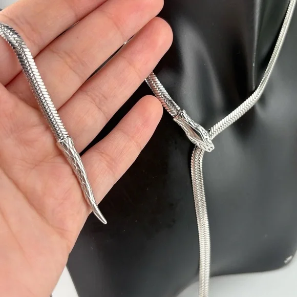 Silver Snake Lariat Necklace – Adjustable Y-Necklace Statement Chain - Picture 12 of 13